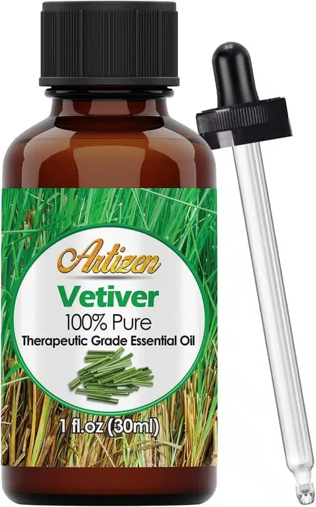 A brown bottle of vetiver oil with a dropper