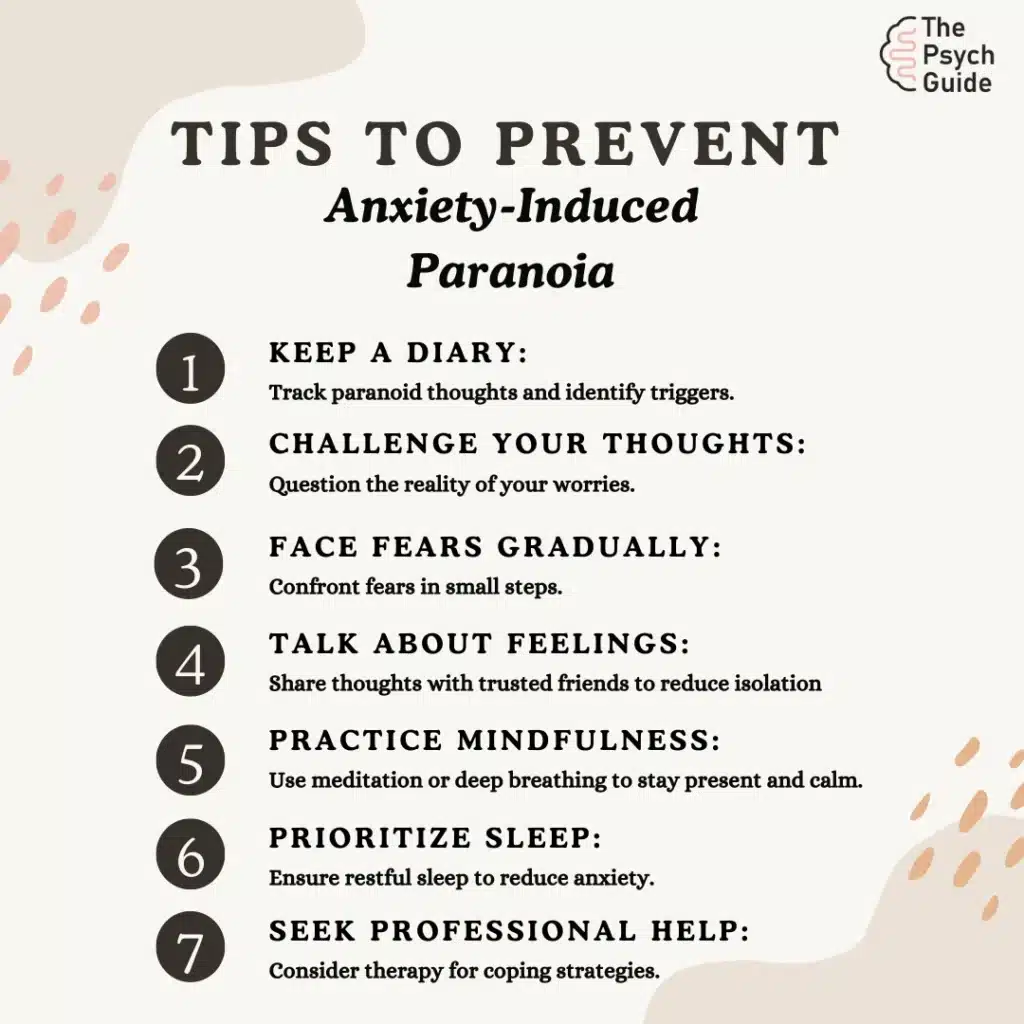 A poster with tips to prevent anxiety induced paranoia