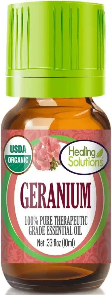 A bottle of geranium oil with a green lid