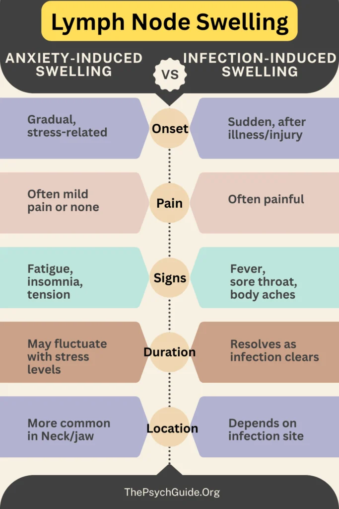 Infographic comparing anxiety-induced vs infection-induced lymph node swelling by showing differences in onset, pain, signs, duration, and location.