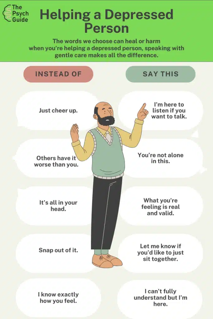Illustration of a guide showing supportive phrases to use when helping a depressed person, with suggestions for what to say instead of common dismissive responses.